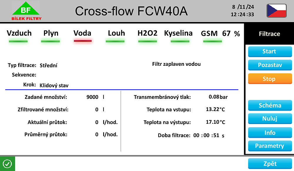 Obrazovka automatického cross-flow filtru na víno