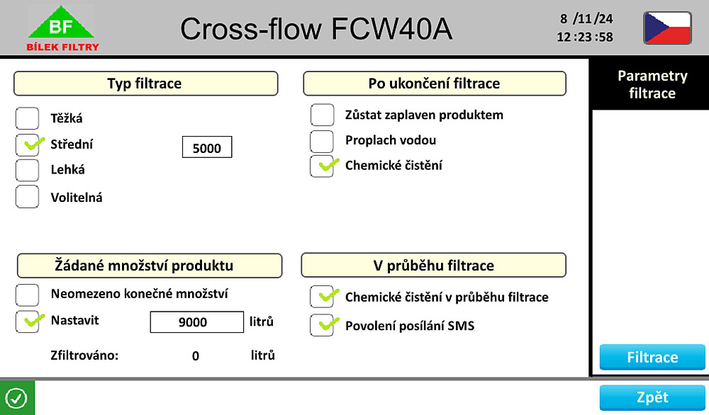 Obrazovka automatického cross-flow filtru na víno - nastavení filtrace