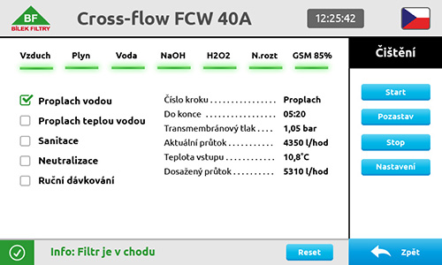 ovládací menu crossflow filtru